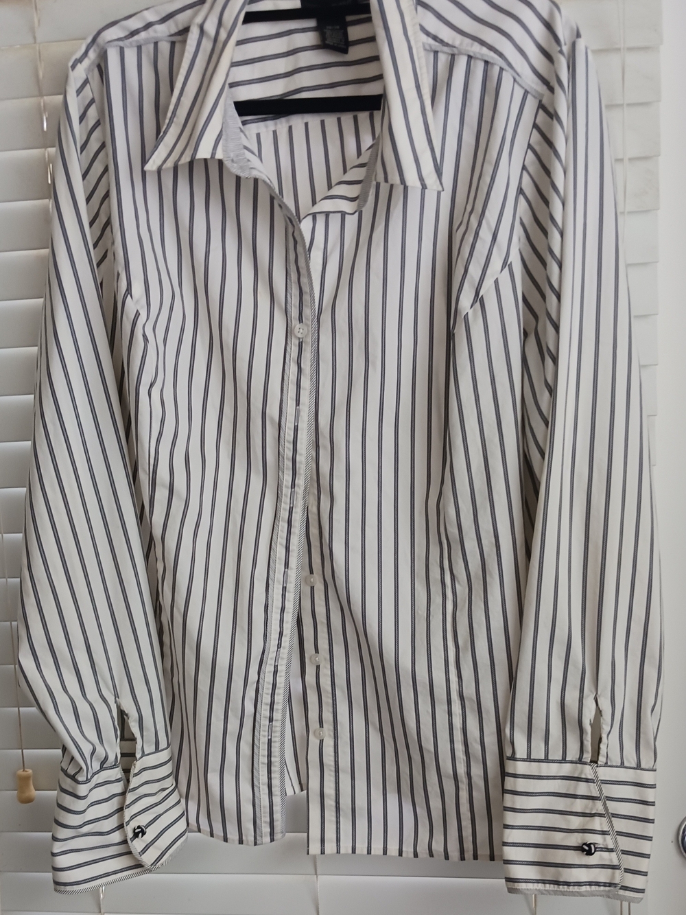 Lane Bryant White Button-Up Shirt with Black Vertical Stripes